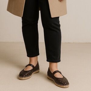 Madewell Woven Brown Leather Mary Jane Espadrille Flats